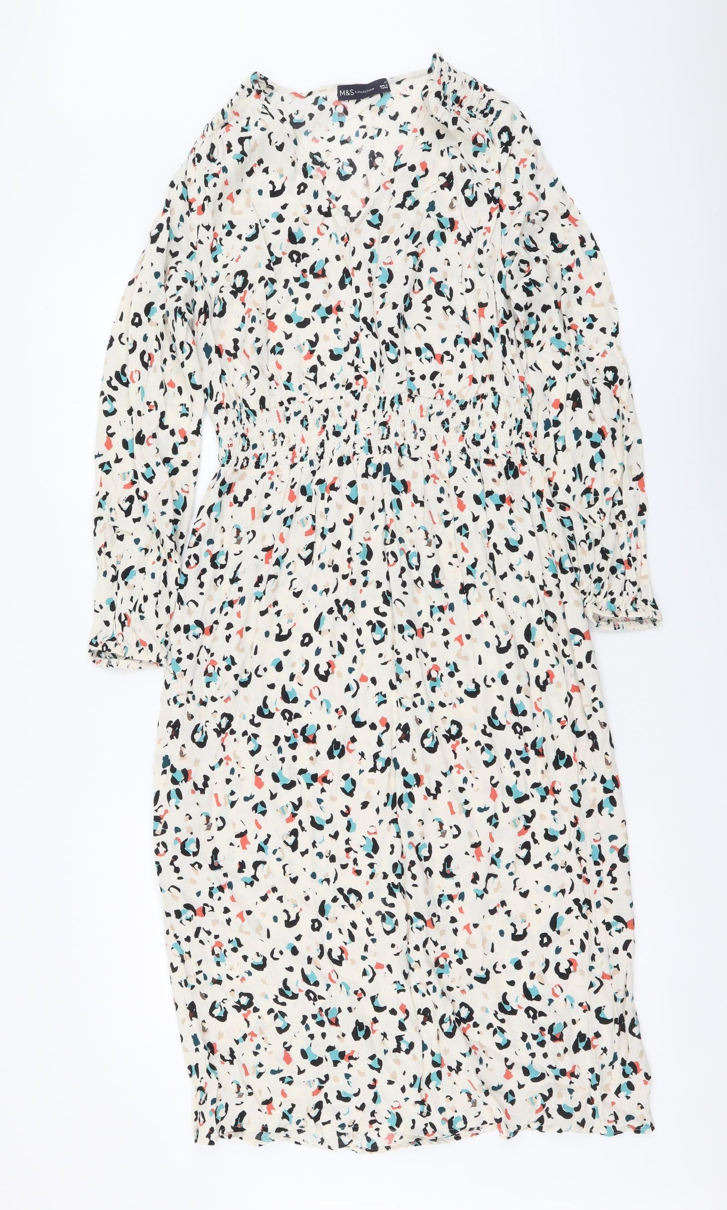 Marks and Spencer Womens Multicoloured Animal Print Viscose A-Line Size 12 V-Neck Pullover