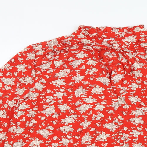 Zara Womens Red Floral Polyester Basic Button-Up Size S Round Neck