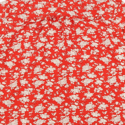 Zara Womens Red Floral Polyester Basic Button-Up Size S Round Neck