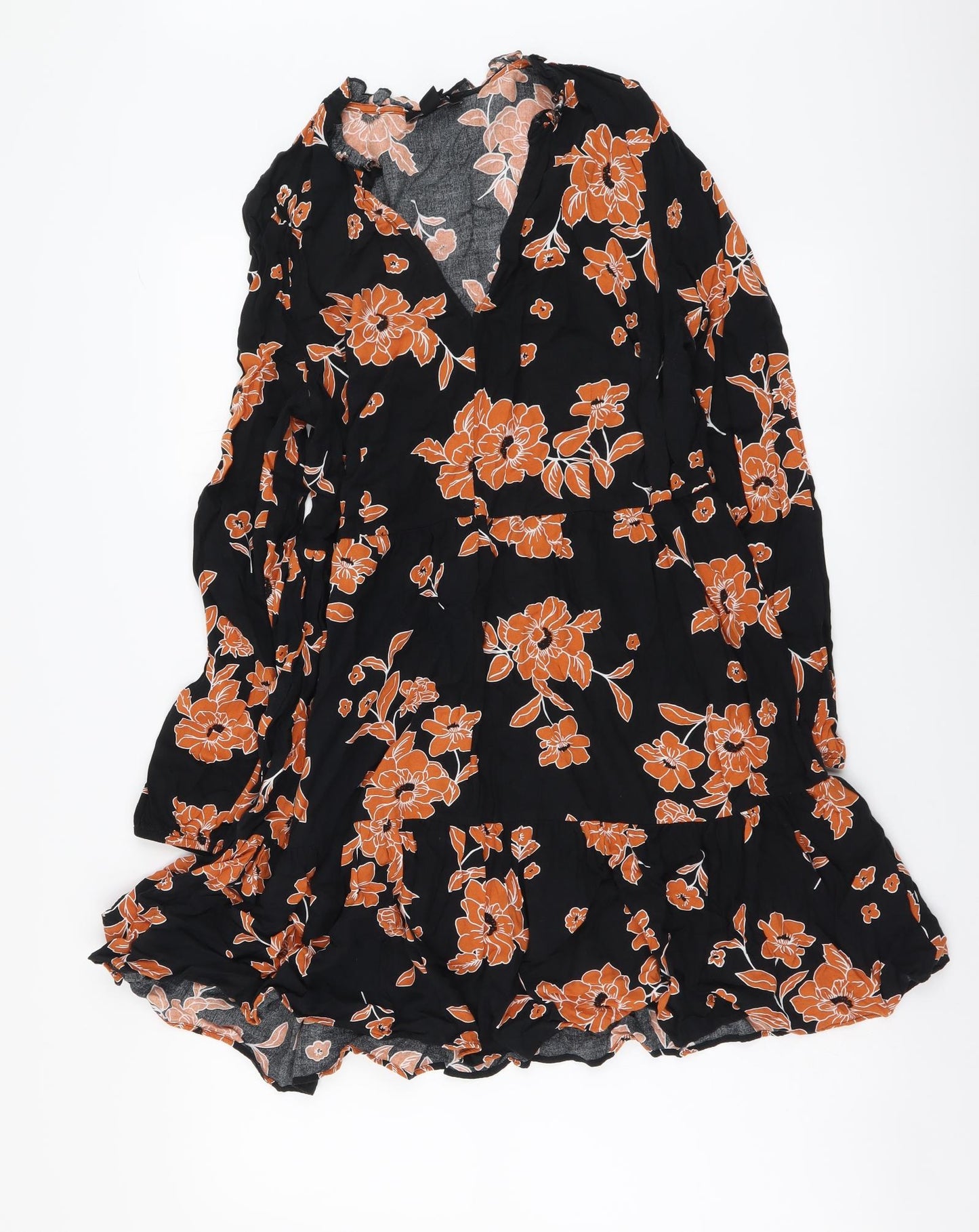 New Look Womens Black Floral Viscose A-Line Size 14 V-Neck Pullover