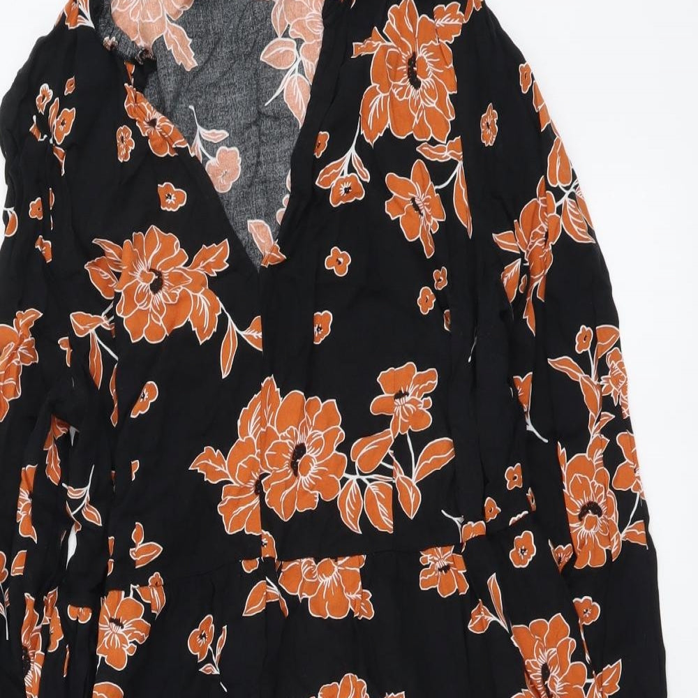 New Look Womens Black Floral Viscose A-Line Size 14 V-Neck Pullover
