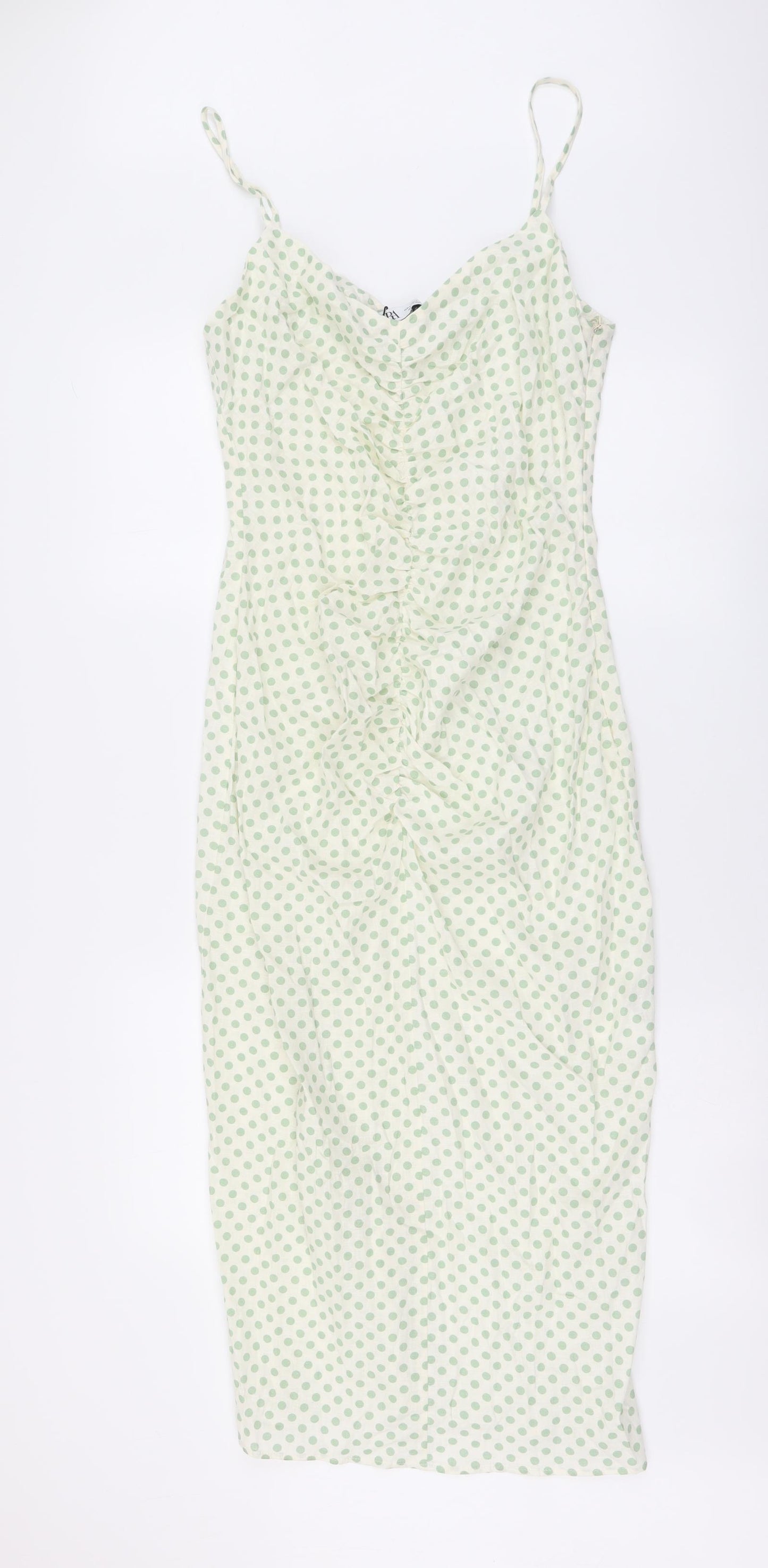 Zara Womens Ivory Polka Dot Cotton Bodycon Size L V-Neck Pullover