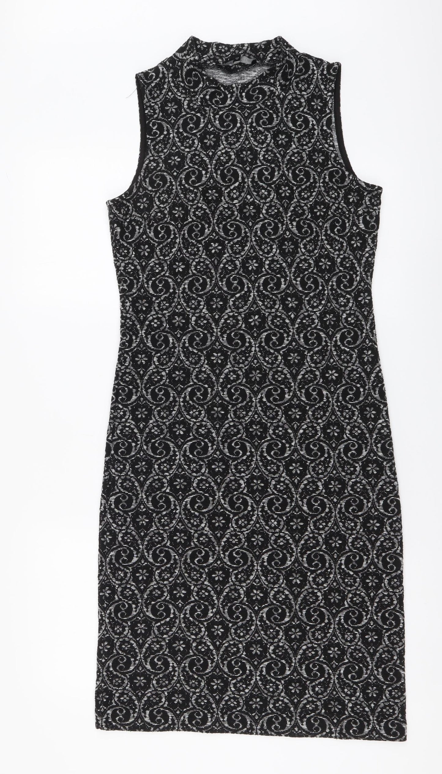 NEXT Womens Black Geometric Polyester Bodycon Size 8 Mock Neck Pullover