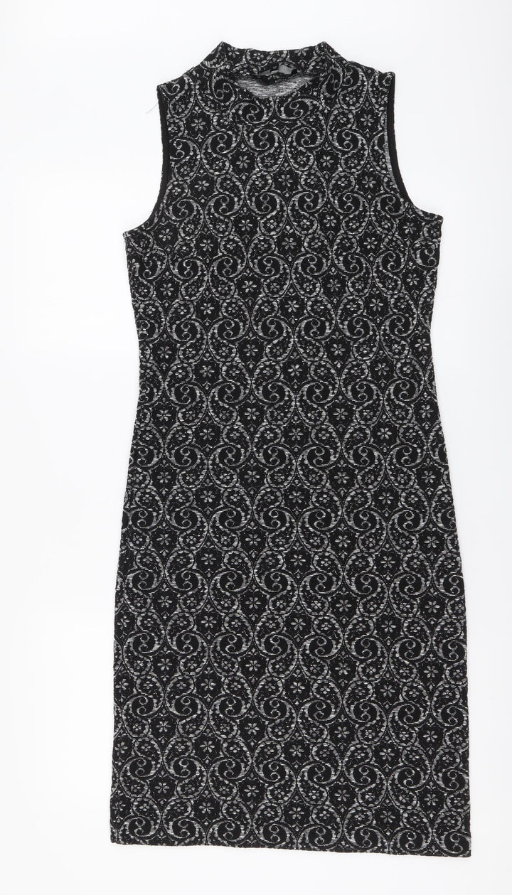 NEXT Womens Black Geometric Polyester Bodycon Size 8 Mock Neck Pullover