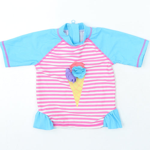 Preworn Girls Blue Striped Polyamide Basic T-Shirt Size 12-18 Months Crew Neck Zip - Swim Top Ice cream