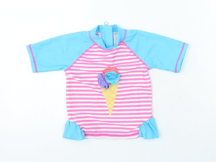 Preworn Girls Blue Striped Polyamide Basic T-Shirt Size 12-18 Months Crew Neck Zip - Swim Top Ice cream