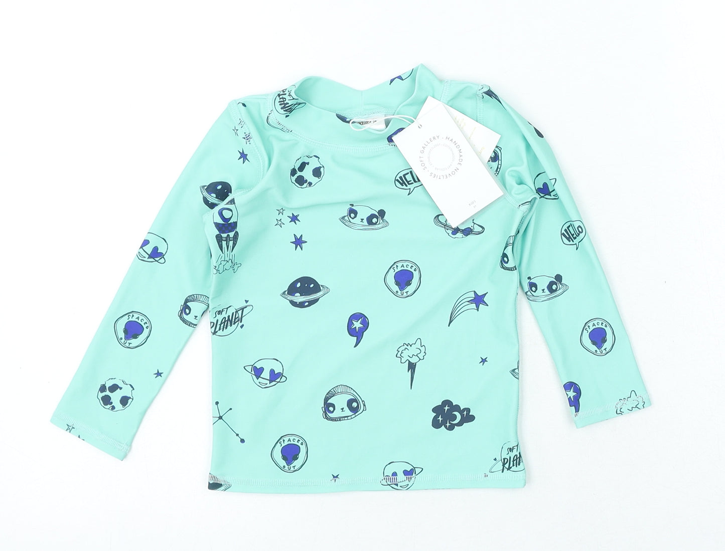 Soft Gallery Boys Green Geometric Polyester Basic T-Shirt Size 12-18 Months Crew Neck Pullover - Space Swim Top
