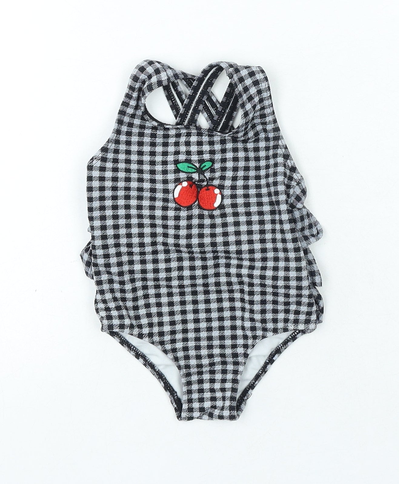 Matalan Girls Black Check Polyamide Unitard One-Piece Size 6-9 Months - Cherry Swimming Costume