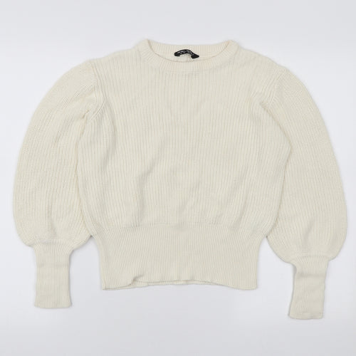 Select Womens Ivory Round Neck Cotton Pullover Jumper Size M - Tie Sleeve Detail