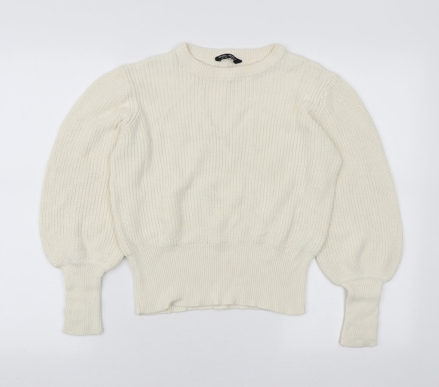 Select Womens Ivory Round Neck Cotton Pullover Jumper Size M - Tie Sleeve Detail