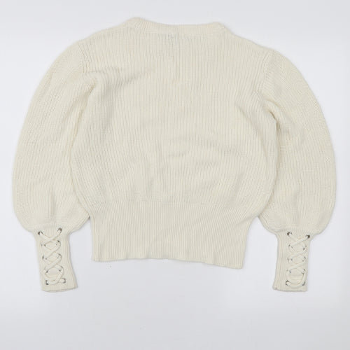Select Womens Ivory Round Neck Cotton Pullover Jumper Size M - Tie Sleeve Detail