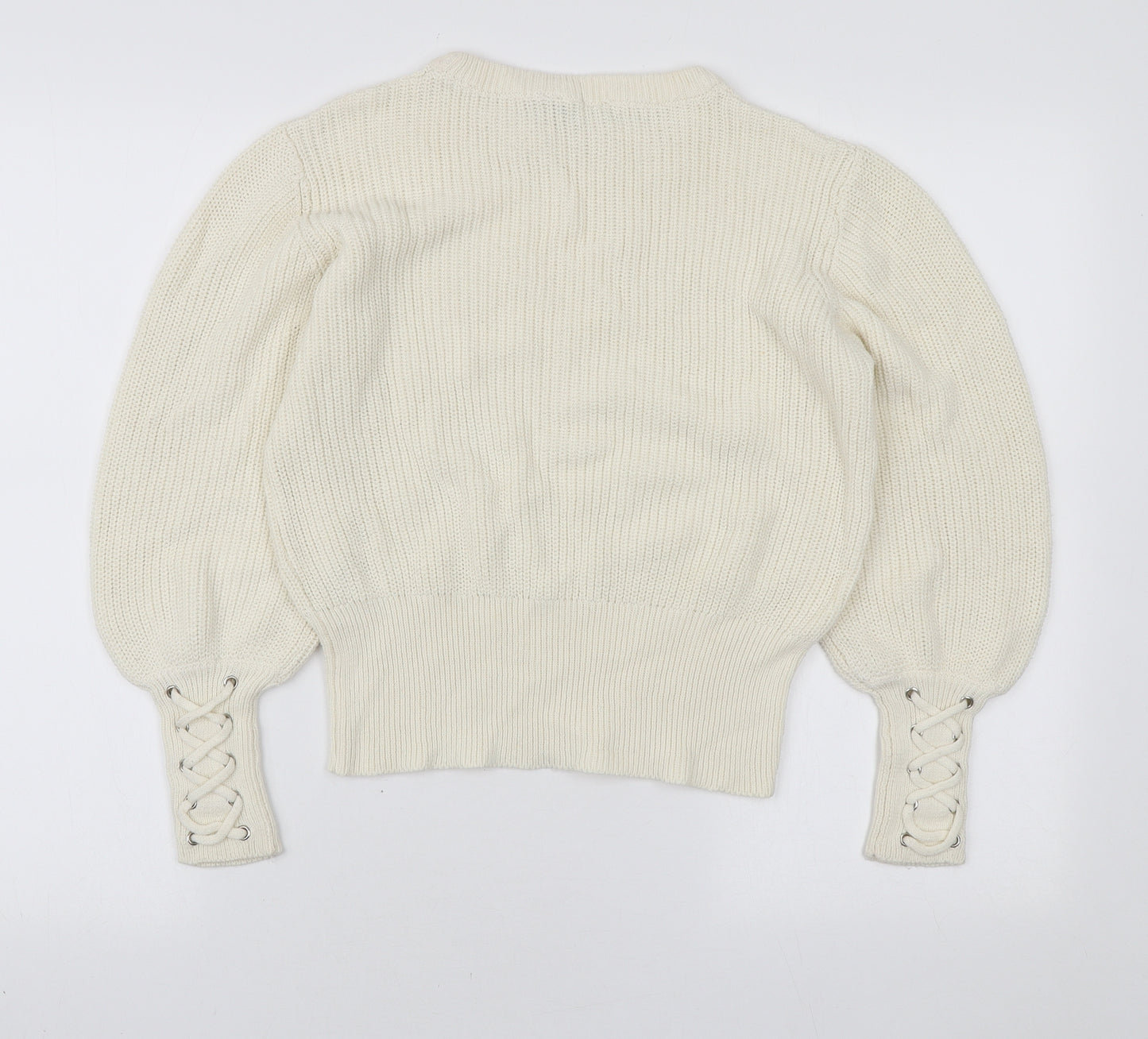 Select Womens Ivory Round Neck Cotton Pullover Jumper Size M - Tie Sleeve Detail