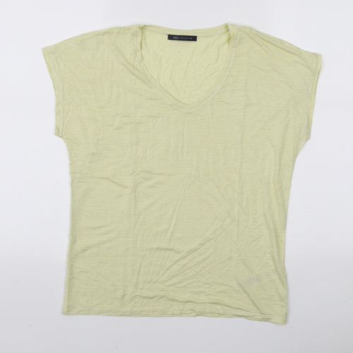 Marks and Spencer Womens Yellow Striped Viscose Basic T-Shirt Size 10 V-Neck