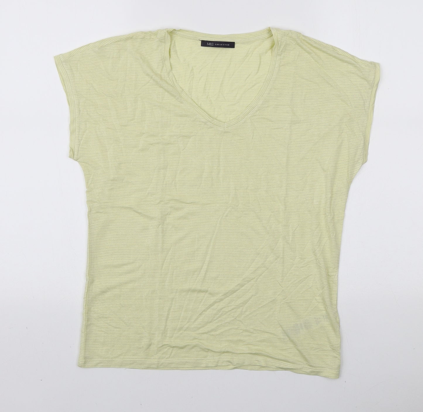 Marks and Spencer Womens Yellow Striped Viscose Basic T-Shirt Size 10 V-Neck