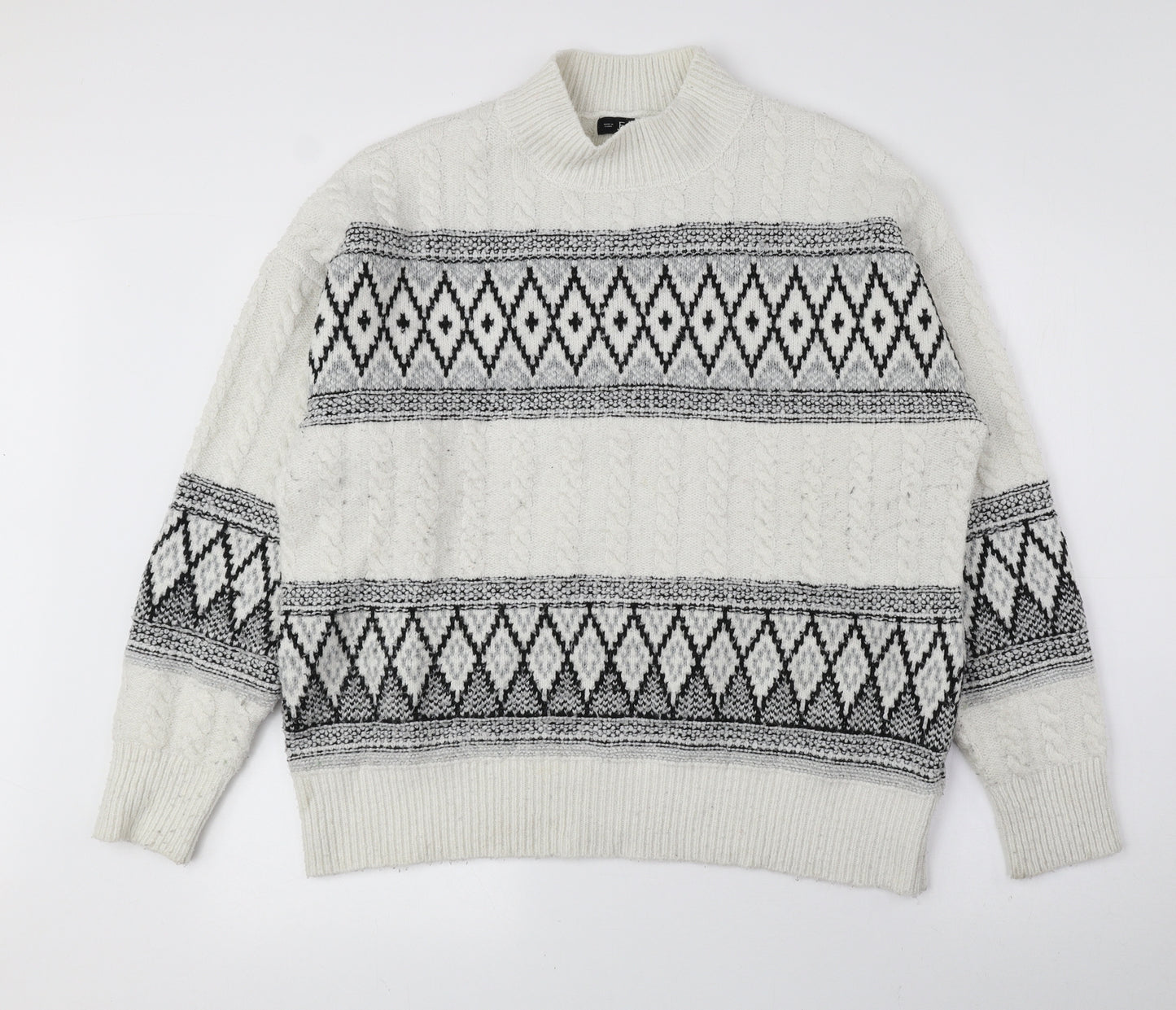 F&F Mens Grey Mock Neck Fair Isle Polyester Pullover Jumper Size L