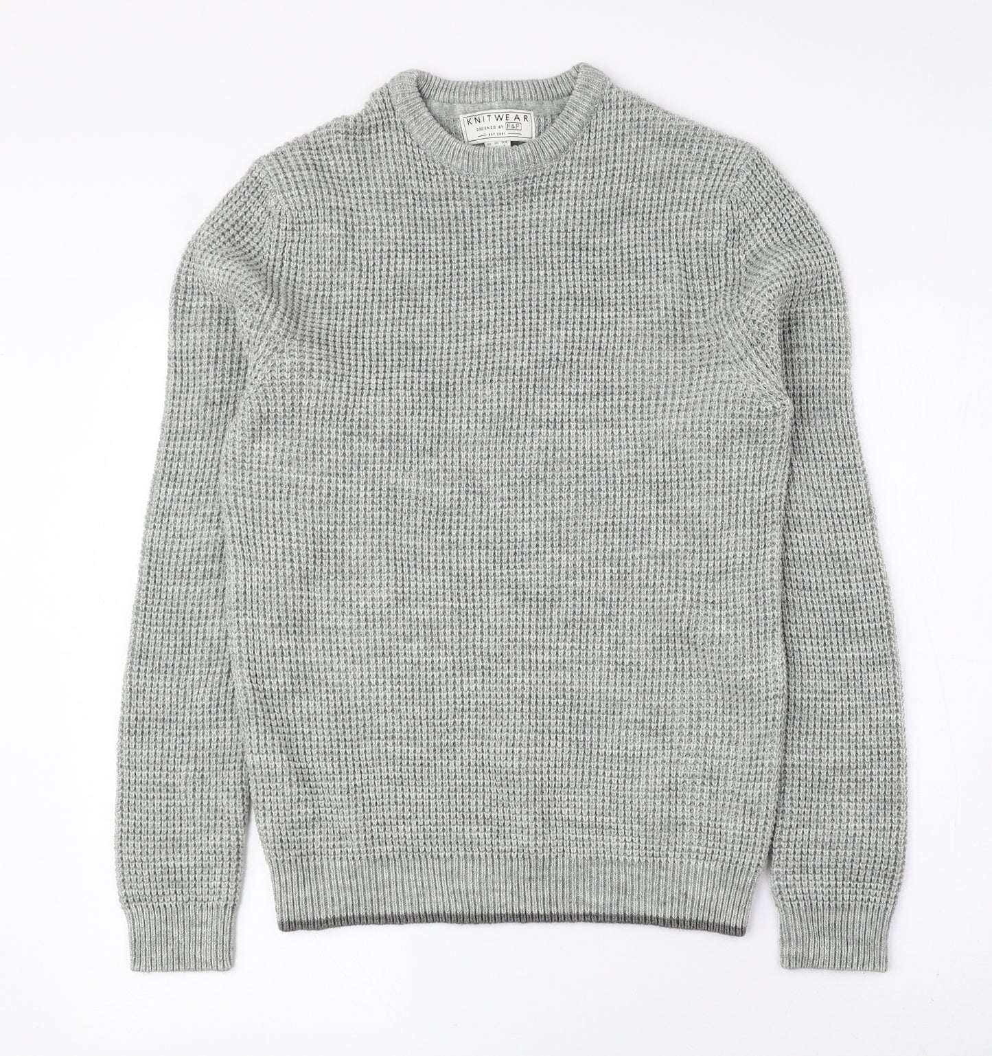 F&F Mens Grey Crew Neck Acrylic Pullover Jumper Size S