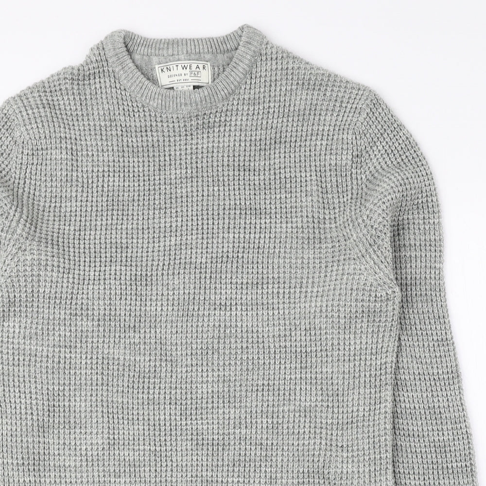F&F Mens Grey Crew Neck Acrylic Pullover Jumper Size S