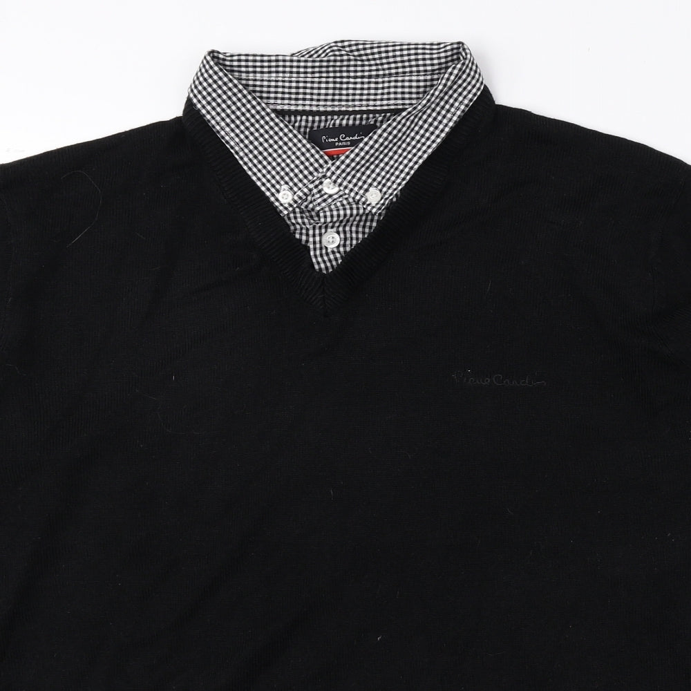 Pierre Cardin Mens Black Collared Check Acrylic Pullover Jumper Size L - Jumper Shirt
