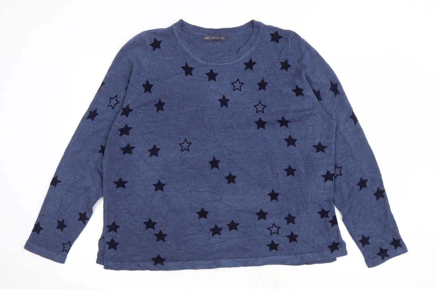 Marks and Spencer Womens Blue Round Neck Geometric Acrylic Pullover Jumper Size 20 - Star Print