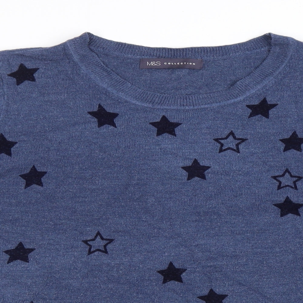Marks and Spencer Womens Blue Round Neck Geometric Acrylic Pullover Jumper Size 20 - Star Print