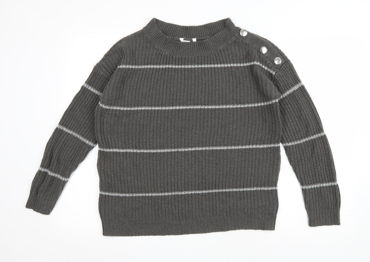 PEP&CO Womens Grey Round Neck Striped Acrylic Pullover Jumper Size L