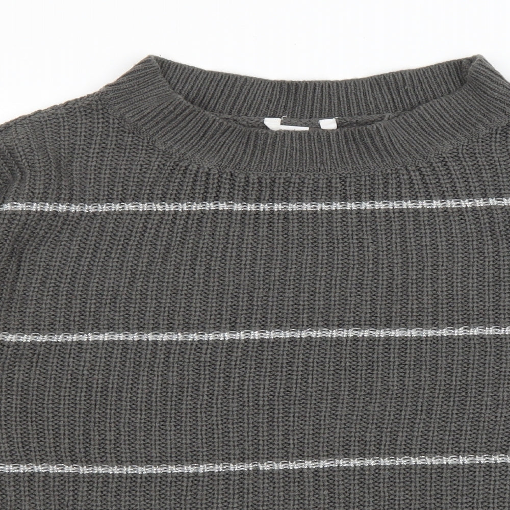 PEP&CO Womens Grey Round Neck Striped Acrylic Pullover Jumper Size L