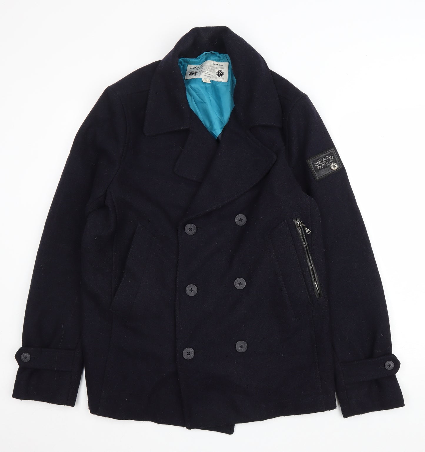 Diesel-Co Mens Blue Overcoat Coat Size L Button