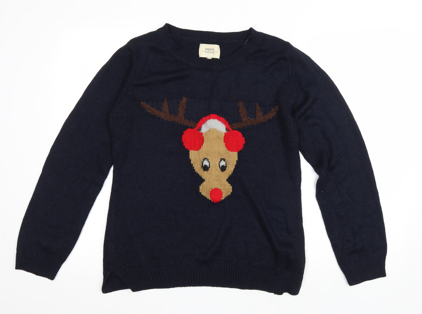 Matalan Womens Black Round Neck Acrylic Pullover Jumper Size 12 - Reindeer Christmas