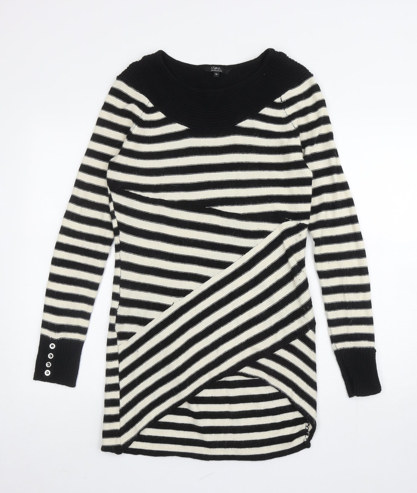 Debenhams Womens Black Round Neck Striped Cotton Tunic Jumper Size 14