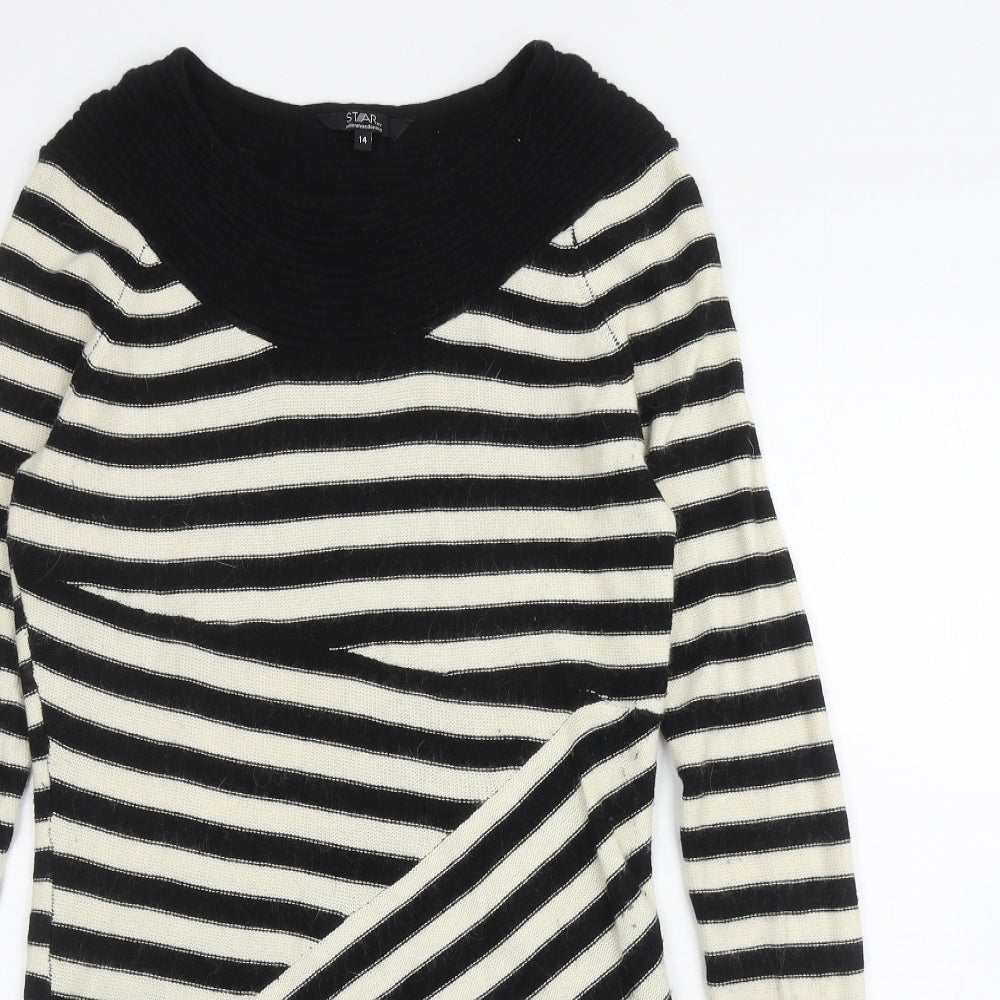Debenhams Womens Black Round Neck Striped Cotton Tunic Jumper Size 14