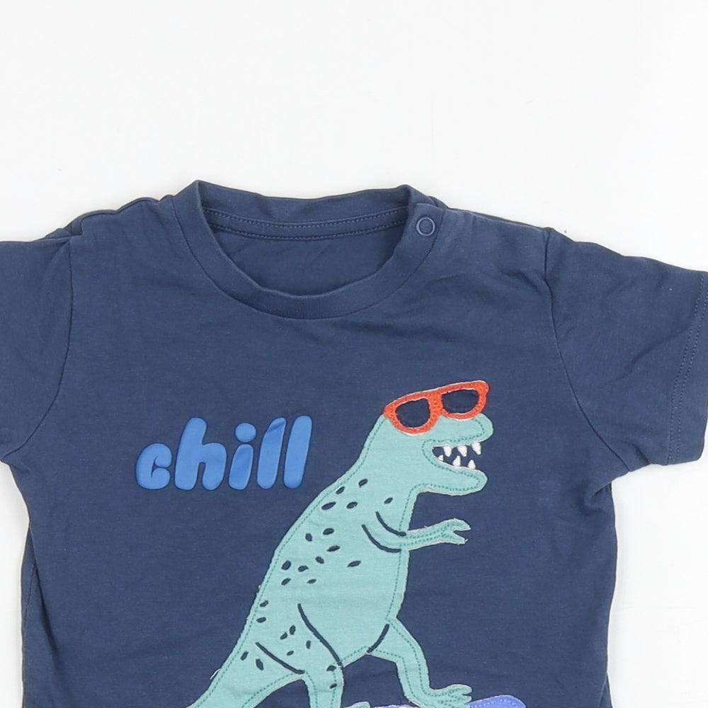 Marks and Spencers Baby Blue 100% Cotton Basic T-Shirt Size 9-12 Months Round Neck Pullover - Dinosaur