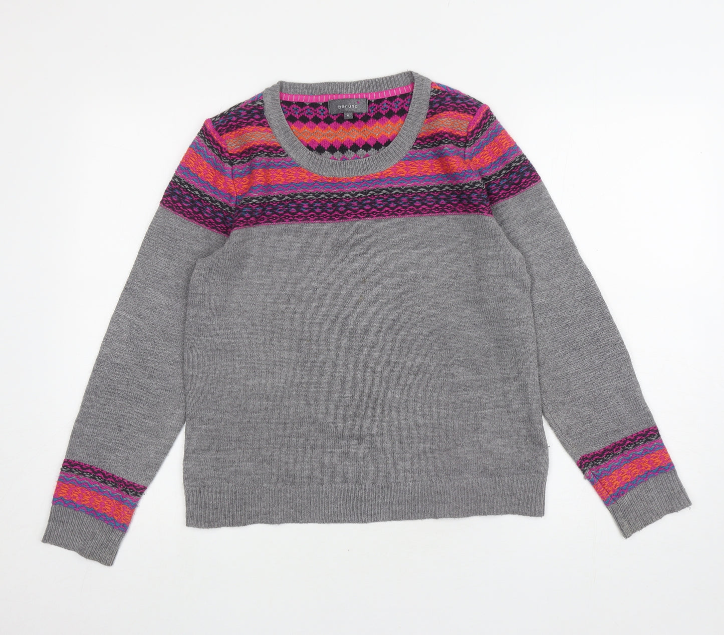 Per Una Womens Grey Round Neck Fair Isle Acrylic Pullover Jumper Size 12