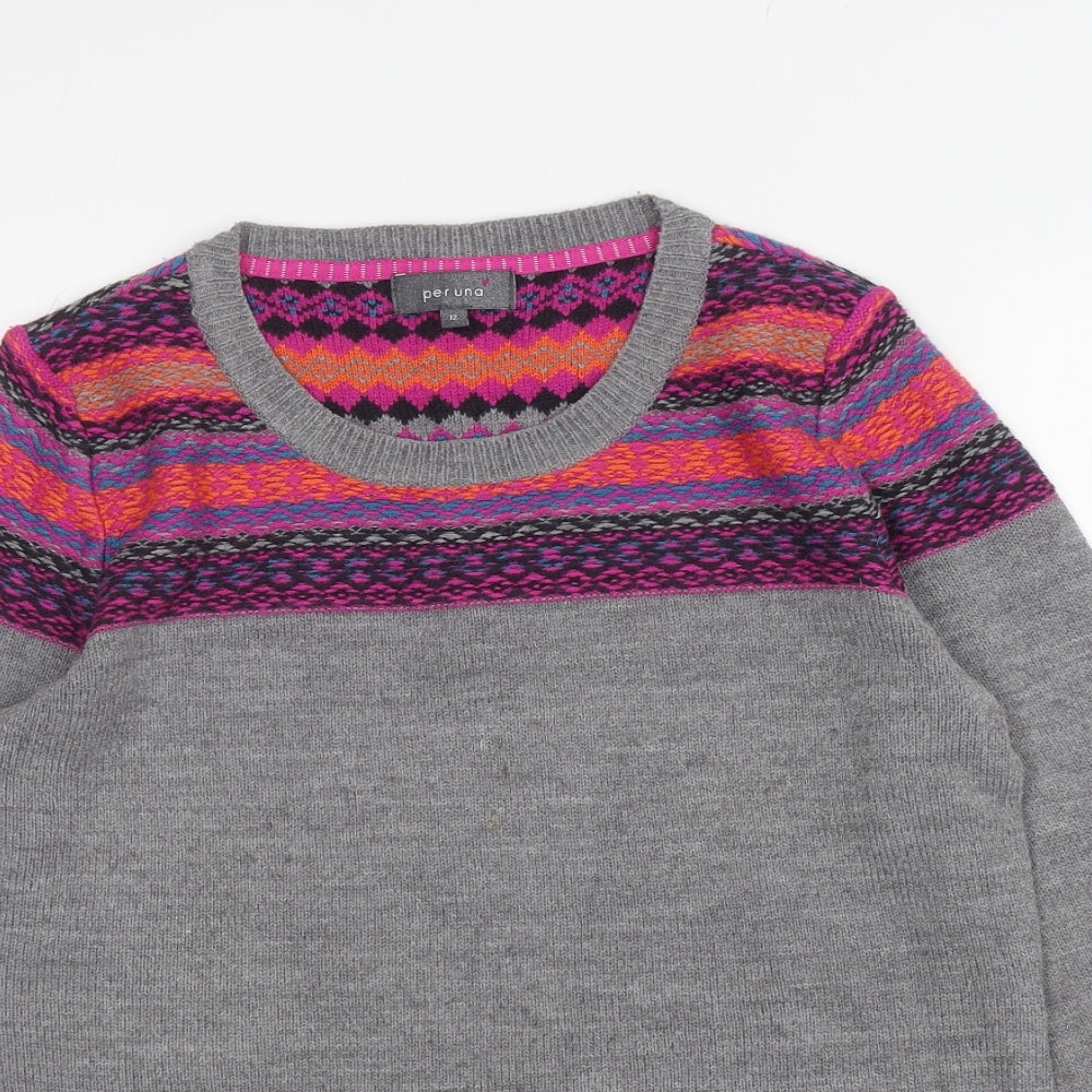 Per Una Womens Grey Round Neck Fair Isle Acrylic Pullover Jumper Size 12