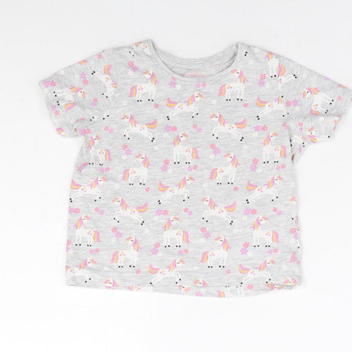 Primark Girls Grey Geometric Cotton Basic T-Shirt Size 2-3 Years Round Neck Pullover - Unicorn