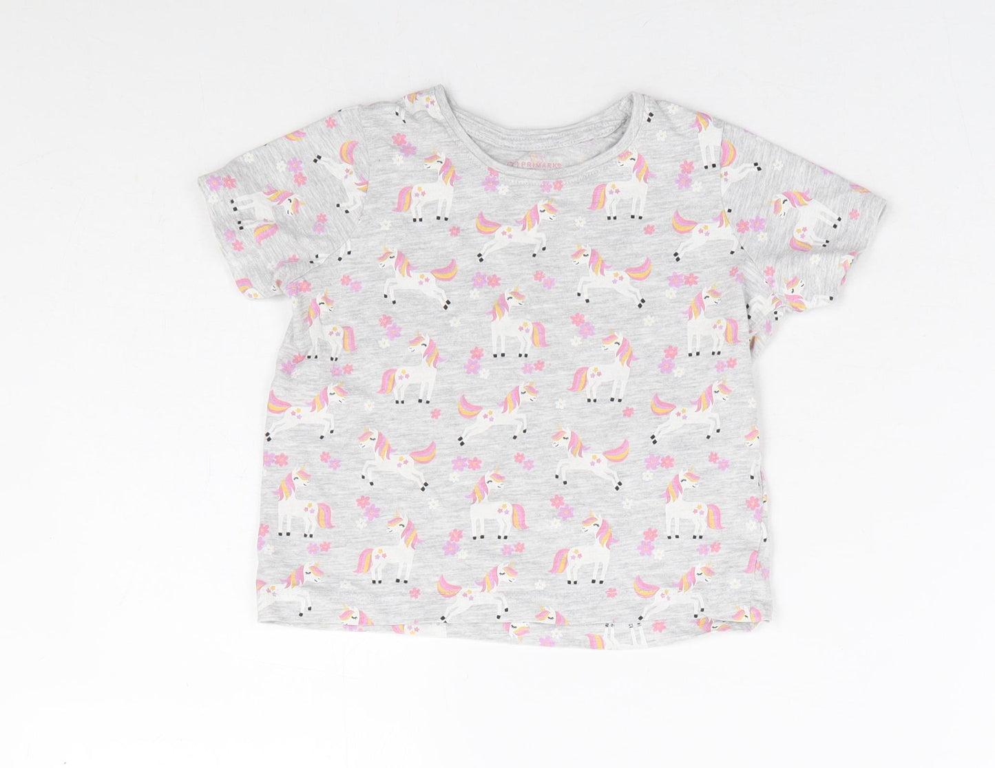 Primark Girls Grey Geometric Cotton Basic T-Shirt Size 2-3 Years Round Neck Pullover - Unicorn