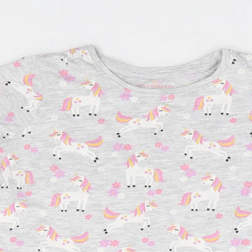 Primark Girls Grey Geometric Cotton Basic T-Shirt Size 2-3 Years Round Neck Pullover - Unicorn