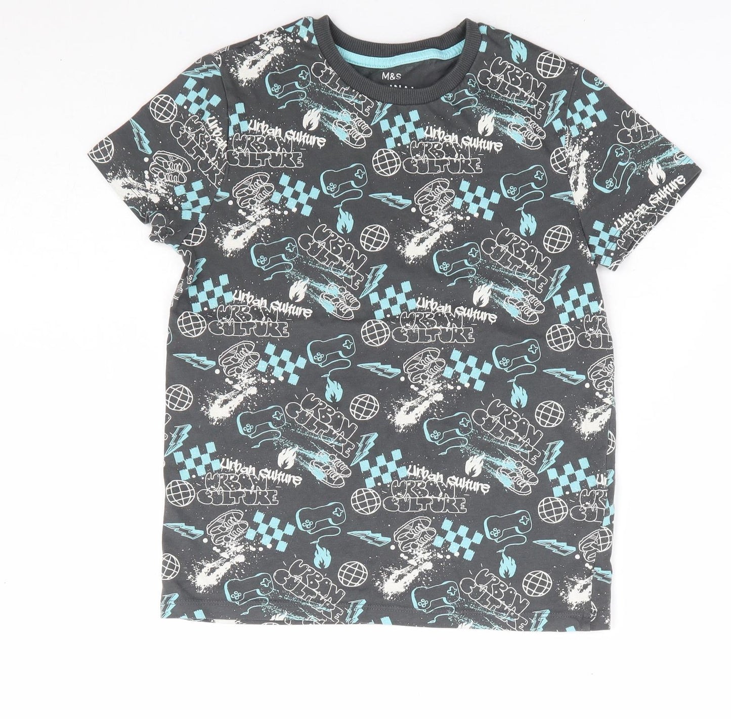 Marks and Spencer Boys Grey Geometric 100% Cotton Basic T-Shirt Size 8-9 Years Round Neck Pullover - Urban Culture