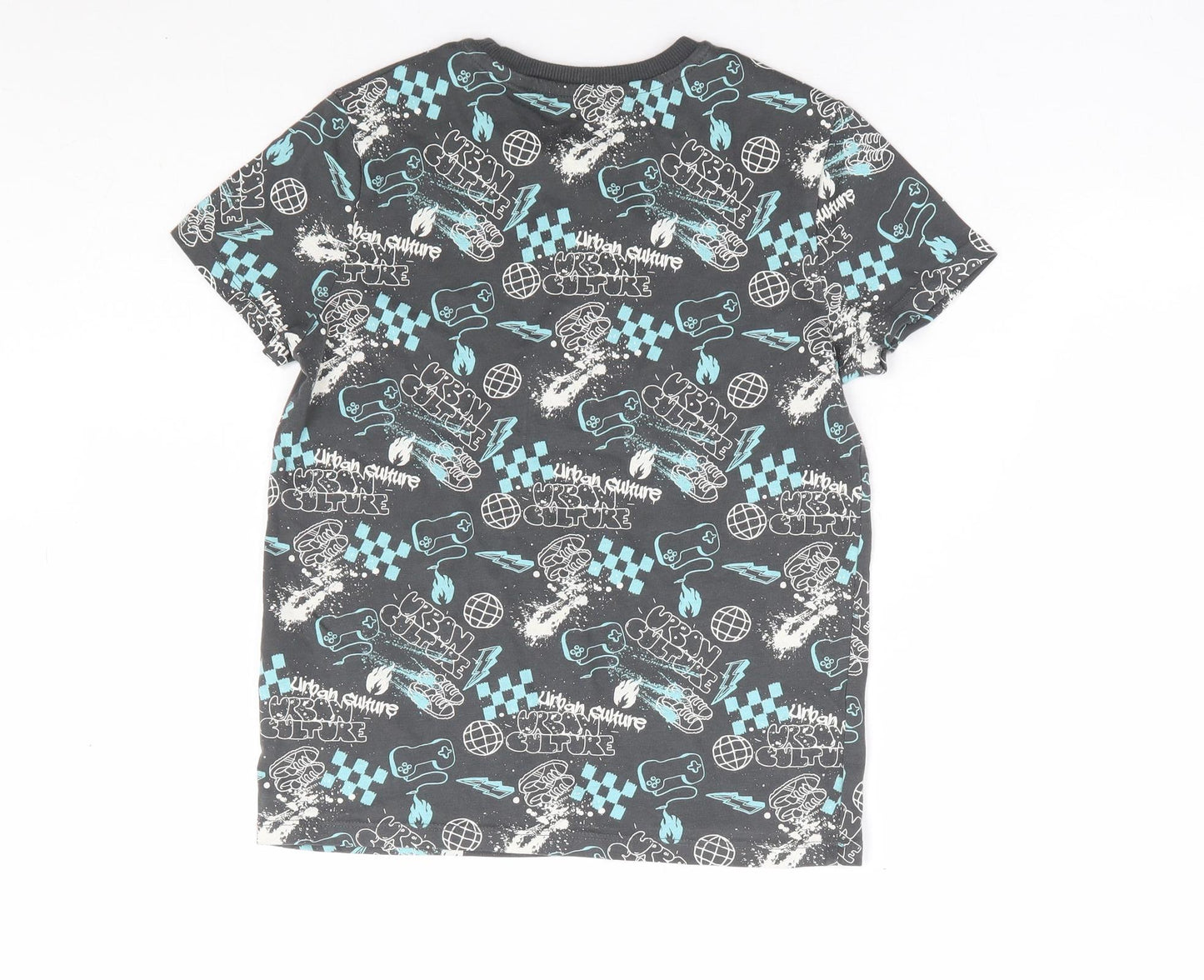 Marks and Spencer Boys Grey Geometric 100% Cotton Basic T-Shirt Size 8-9 Years Round Neck Pullover - Urban Culture