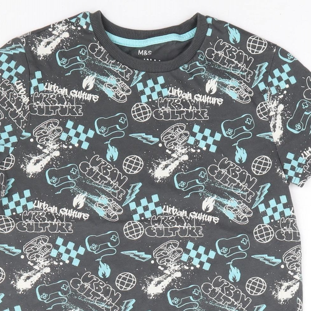 Marks and Spencer Boys Grey Geometric 100% Cotton Basic T-Shirt Size 8-9 Years Round Neck Pullover - Urban Culture