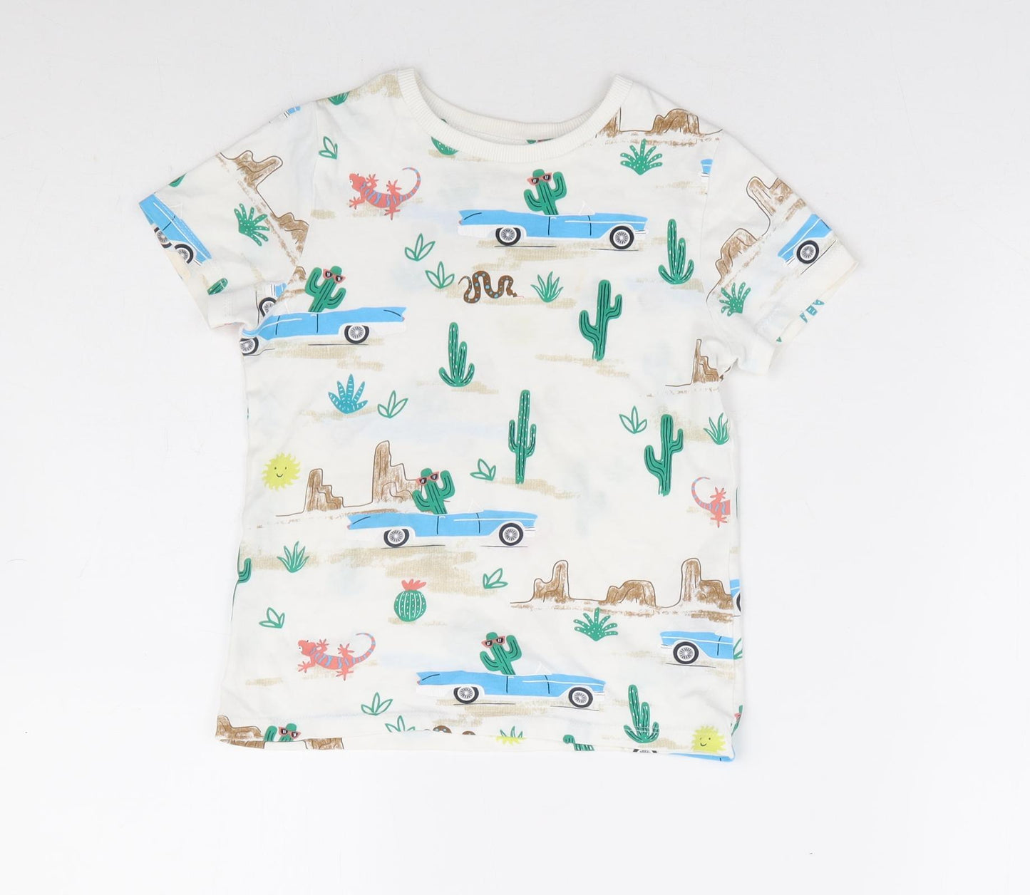 Marks and Spencer Boys Multicoloured Geometric Cotton Basic T-Shirt Size 4-5 Years Round Neck Pullover - Desert Scene