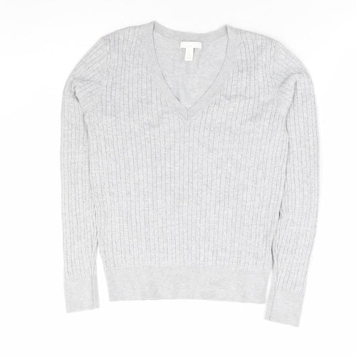 H&M Womens Grey V-Neck Viscose Pullover Jumper Size XS