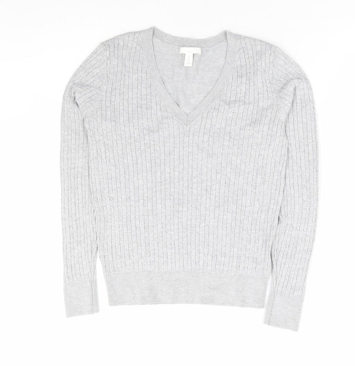 H&M Womens Grey V-Neck Viscose Pullover Jumper Size XS