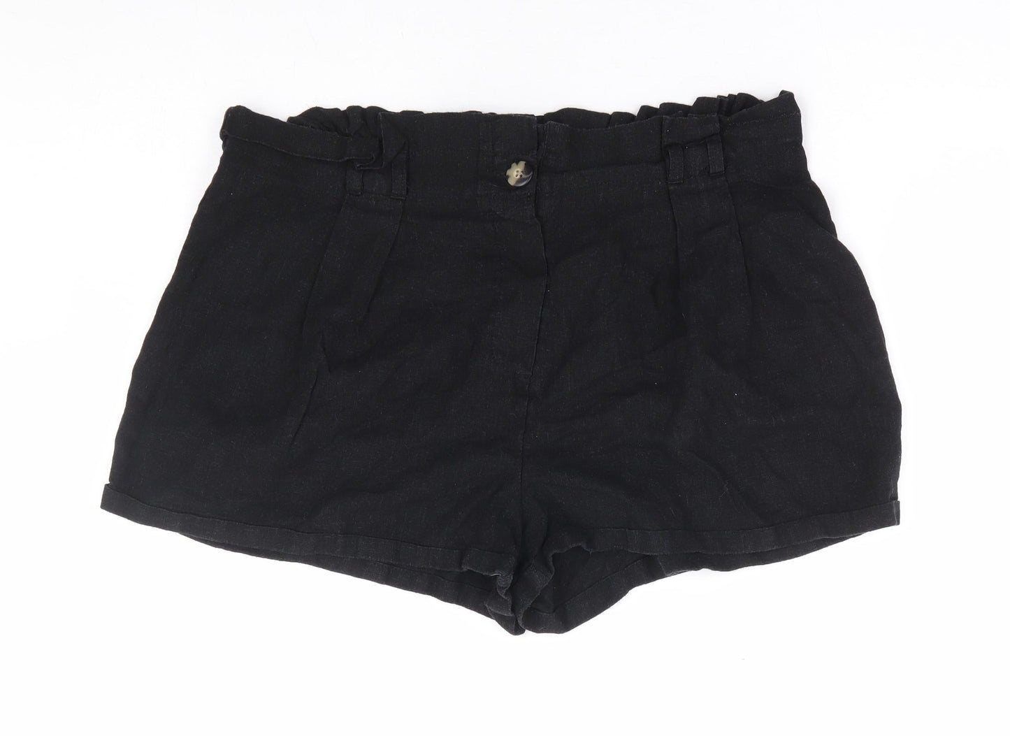 Primark Womens Black Linen Paperbag Shorts Size 16 L5 in Regular Button