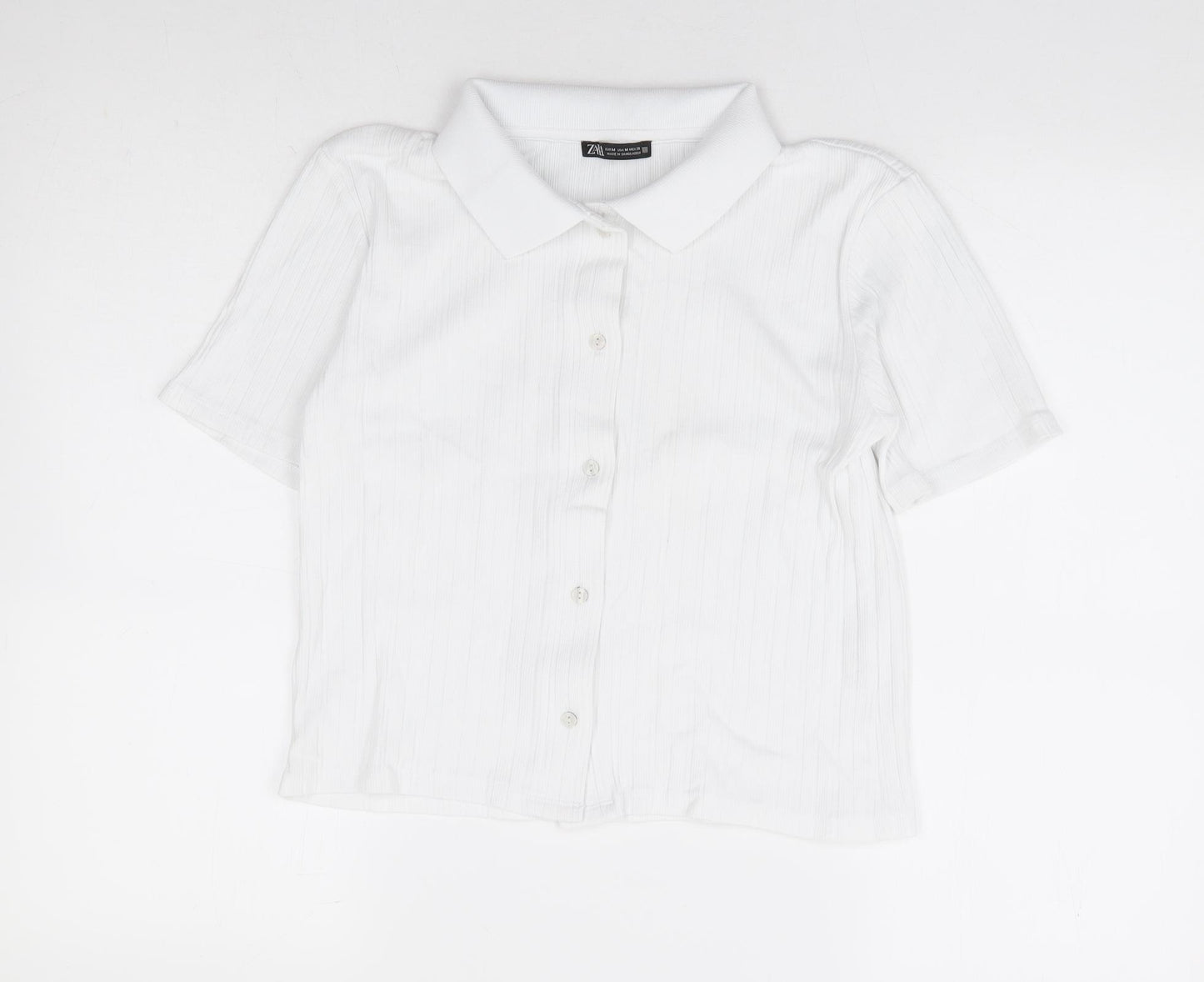 Zara Womens White 100% Cotton Cropped Polo Size M Collared - Ribbed