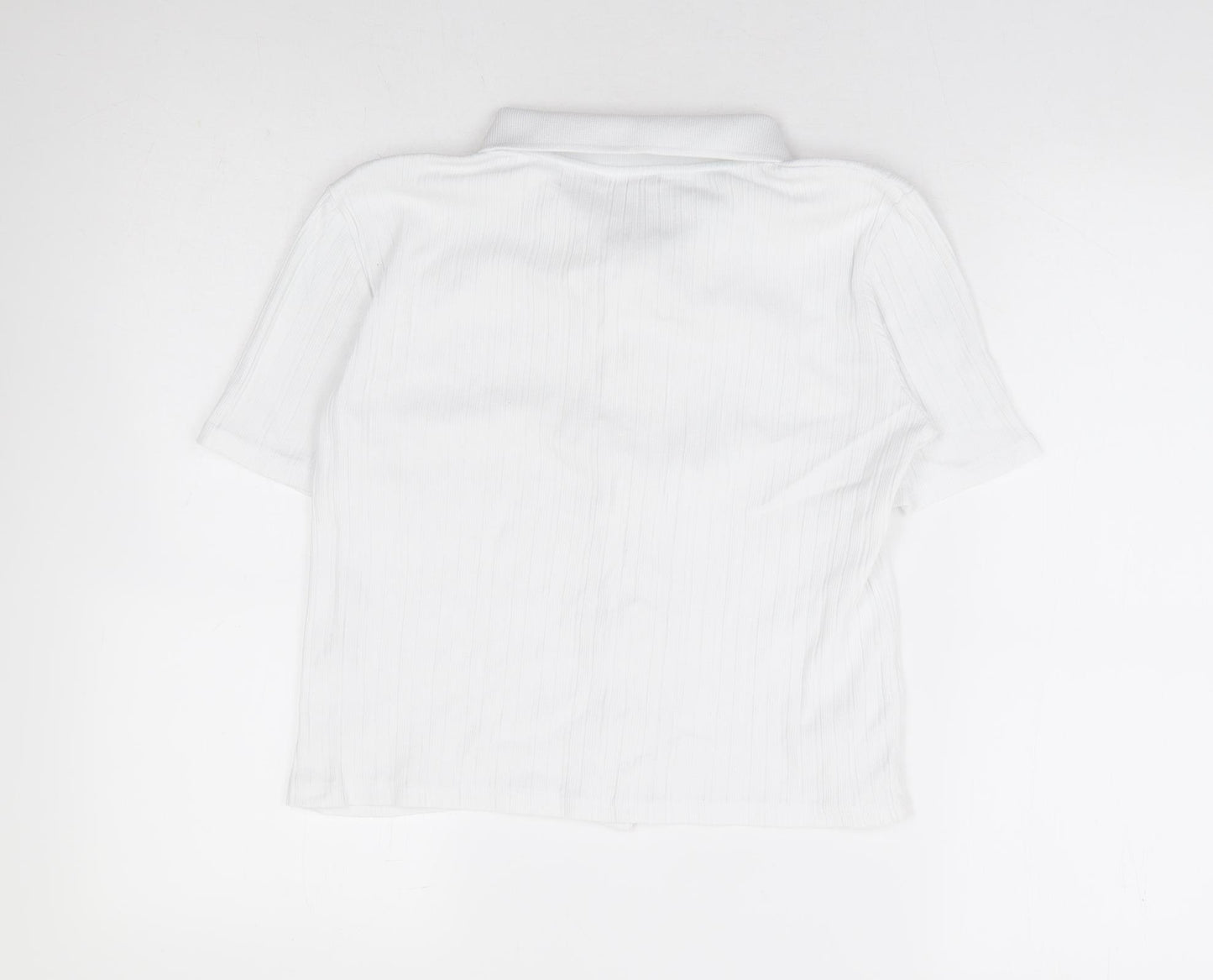 Zara Womens White 100% Cotton Cropped Polo Size M Collared - Ribbed