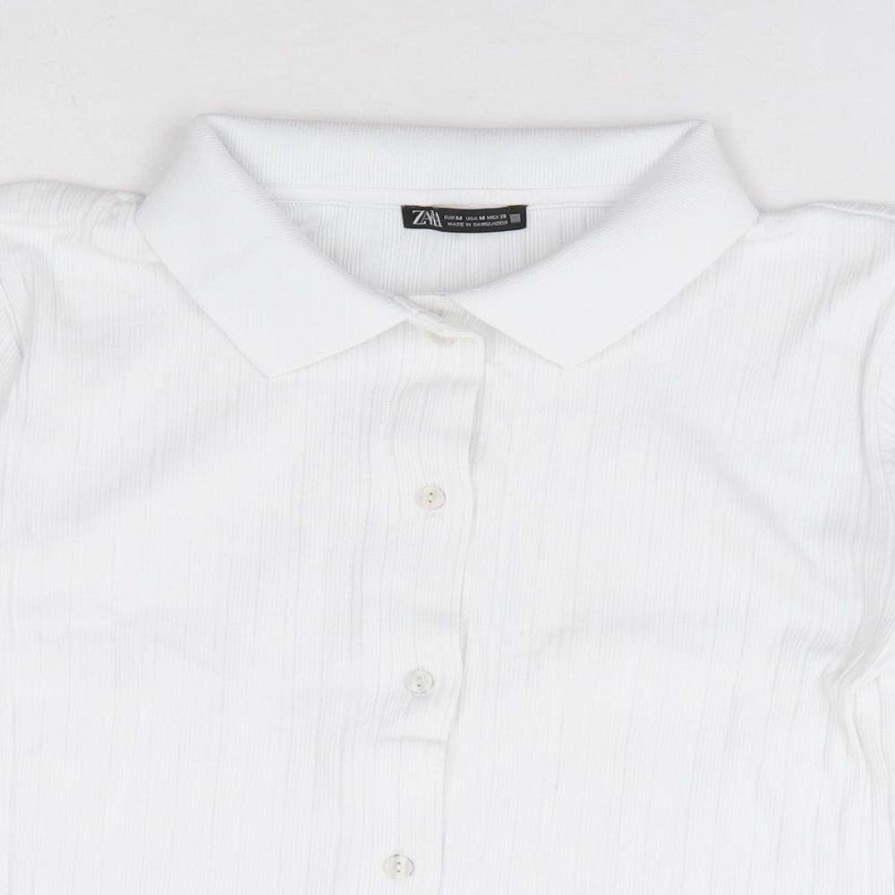 Zara Womens White 100% Cotton Cropped Polo Size M Collared - Ribbed