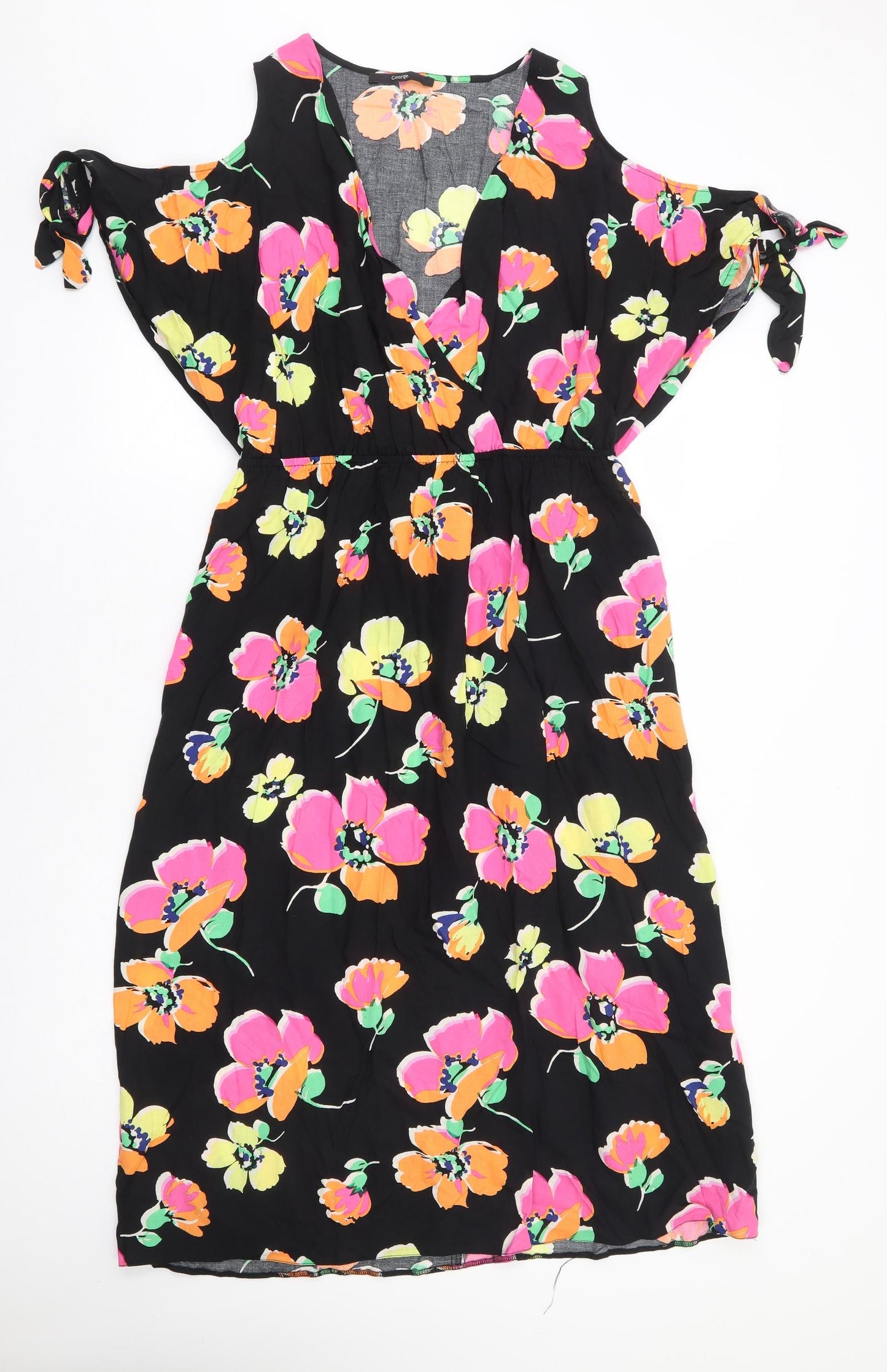 George Womens Black Floral Viscose Fit & Flare Size 14 V-Neck Pullover - Cold Shoulder Detail