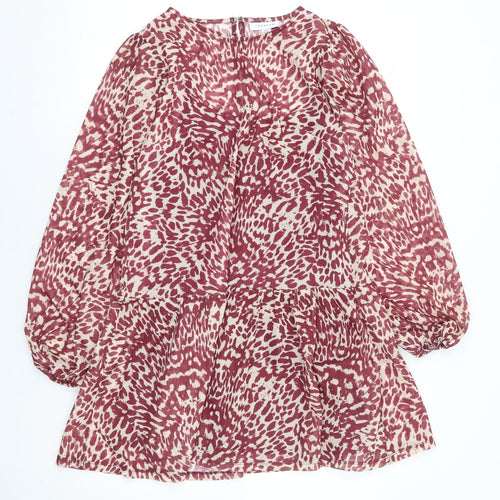 Topshop Womens Red Animal Print Polyester Tunic Blouse Size 10 Round Neck - Leopard Print Peplum