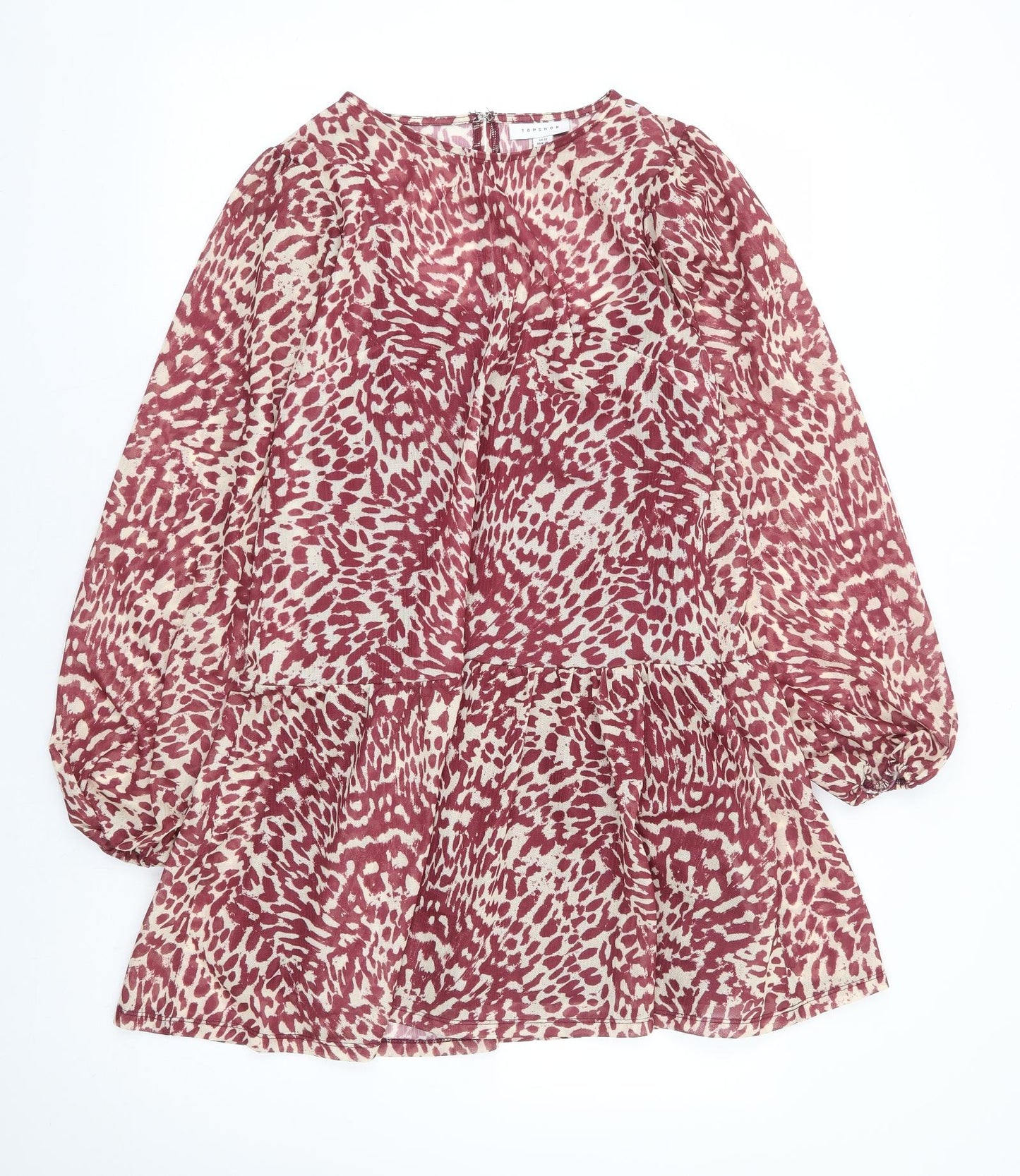 Topshop Womens Red Animal Print Polyester Tunic Blouse Size 10 Round Neck - Leopard Print Peplum