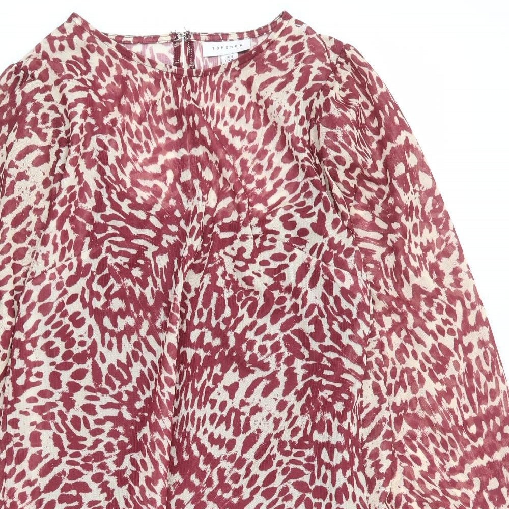 Topshop Womens Red Animal Print Polyester Tunic Blouse Size 10 Round Neck - Leopard Print Peplum